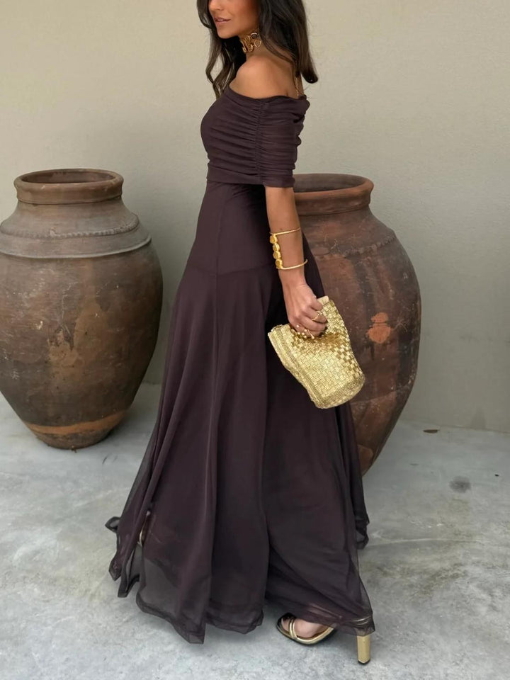 Off-the-Shoulder Sheer Mesh Maxi Dress