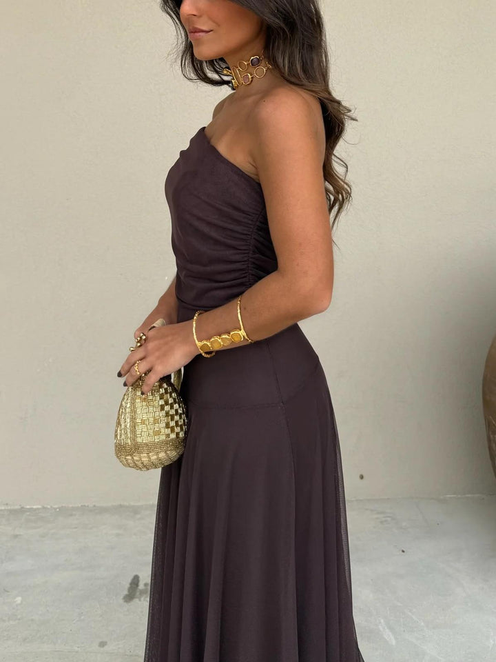 Off-the-Shoulder Sheer Mesh Maxi Dress