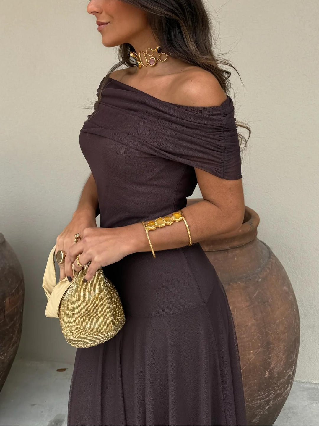 Off-the-Shoulder Sheer Mesh Maxi Dress
