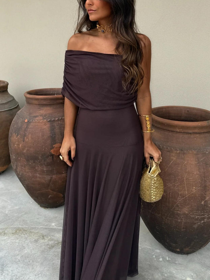 Off-the-Shoulder Sheer Mesh Maxi Dress