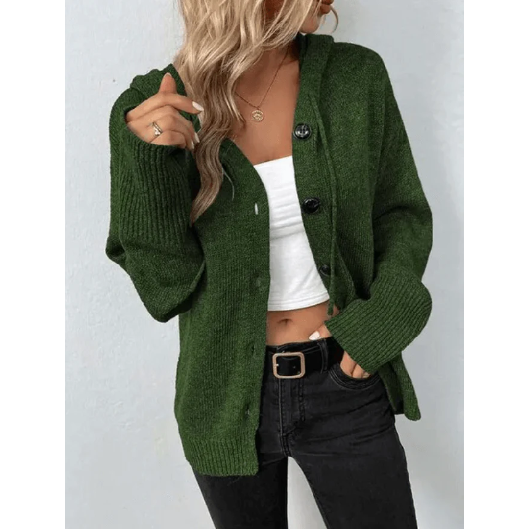 Hooded Button Front Cardigan with Long Sleeves