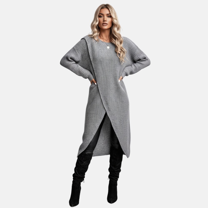 Rib Knit Midi Tunic with Crossover Hem and Long Sleeves