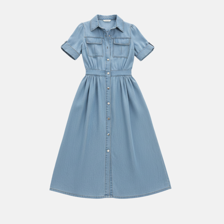 Collared Denim Dress with Button Closure and Puff Sleeves
