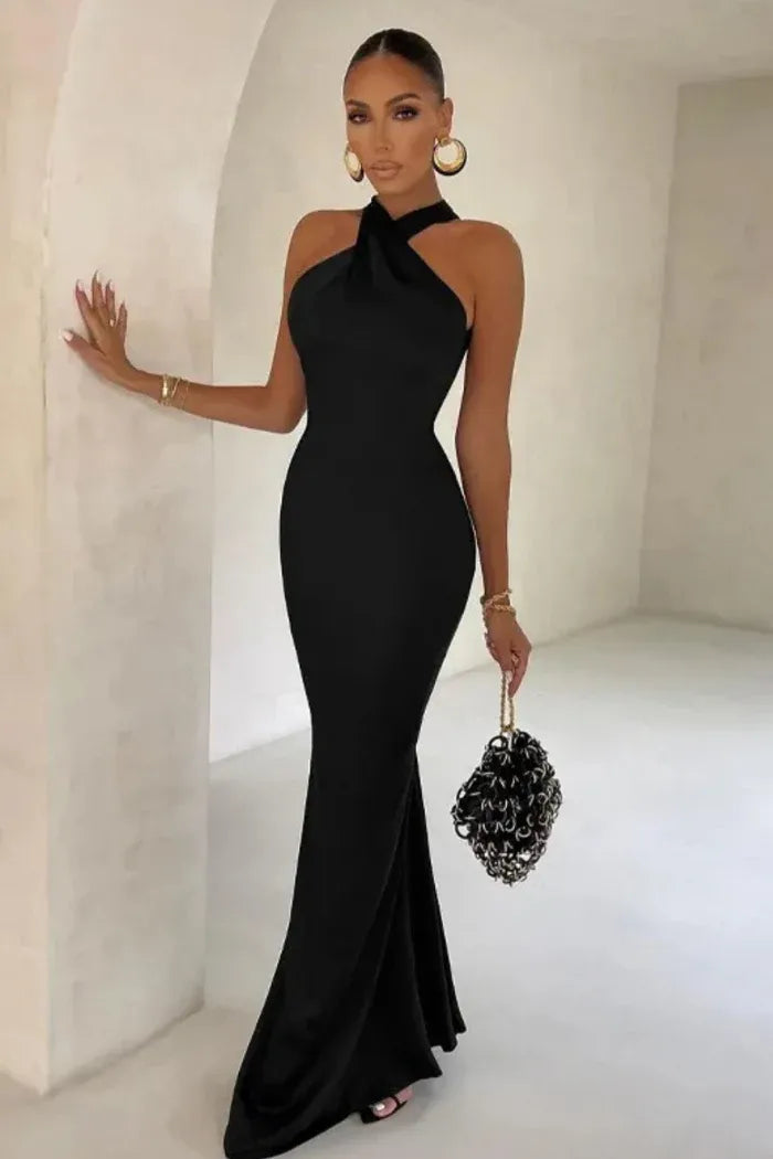 Crossover Halter Neck Maxi Dress with Formal Fitted Silhouette