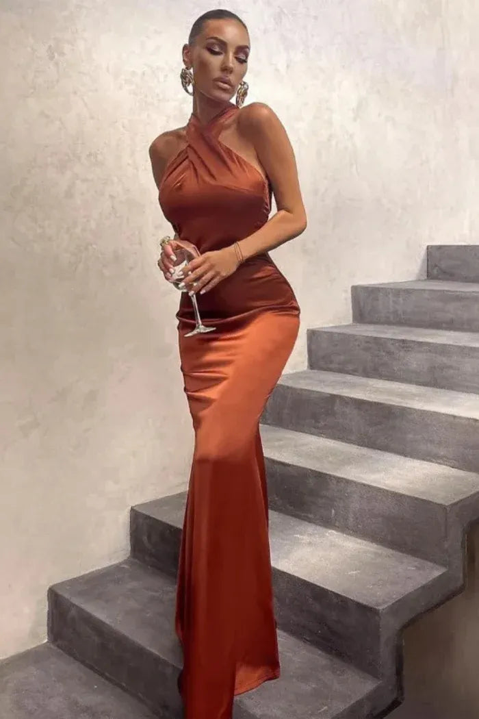 Crossover Halter Neck Maxi Dress with Formal Fitted Silhouette