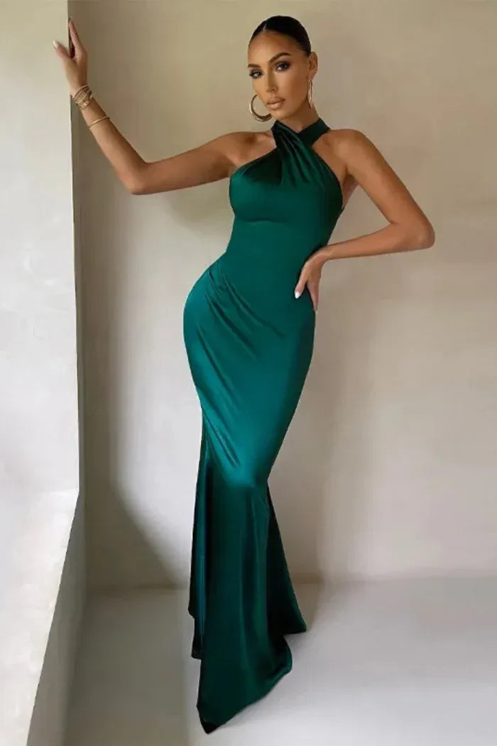 Crossover Halter Neck Maxi Dress with Formal Fitted Silhouette