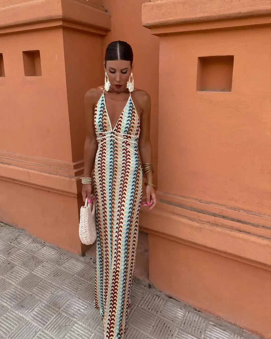 Halter Maxi Dress with Plunging V-Neckline and Back Tie Closure