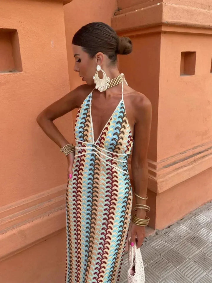 Halter Maxi Dress with Plunging V-Neckline and Back Tie Closure