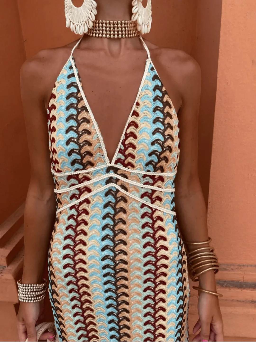 Halter Maxi Dress with Plunging V-Neckline and Back Tie Closure