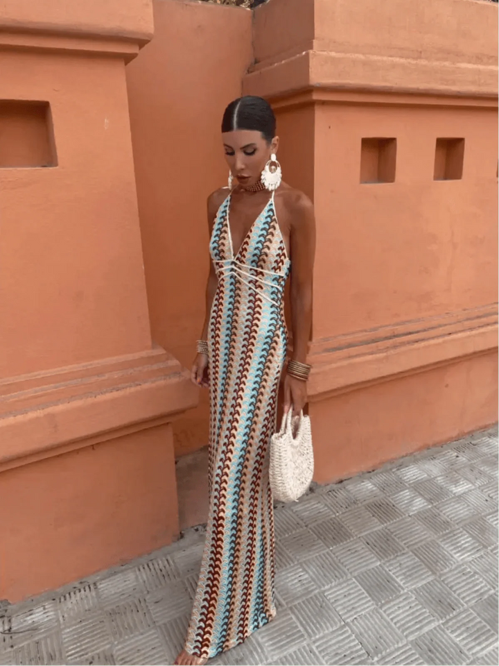 Halter Maxi Dress with Plunging V-Neckline and Back Tie Closure