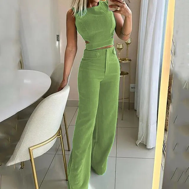 Cropped Top and Wide-Leg Trousers Co-ord Set with Round Neckline