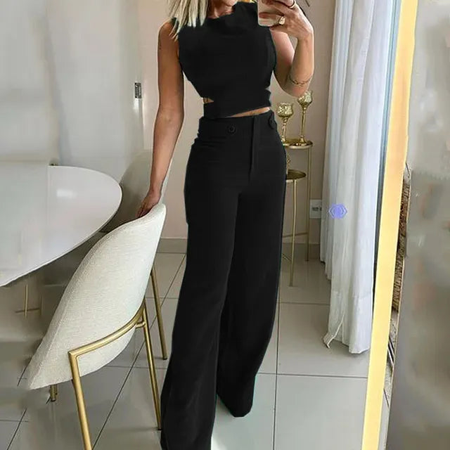 Cropped Top and Wide-Leg Trousers Co-ord Set with Round Neckline