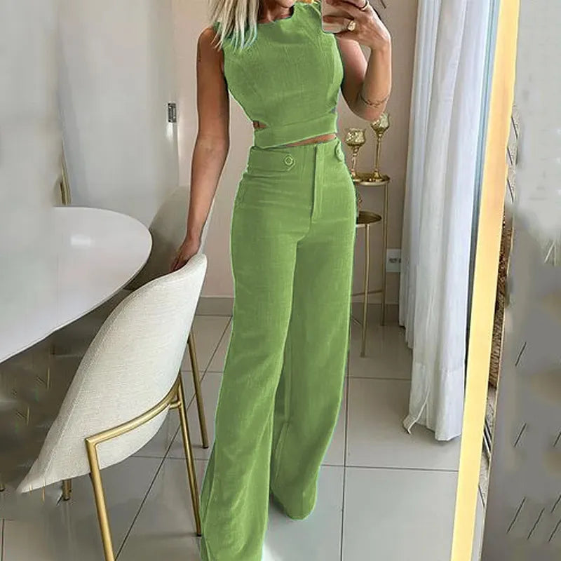 Cropped Top and Wide-Leg Trousers Co-ord Set with Round Neckline