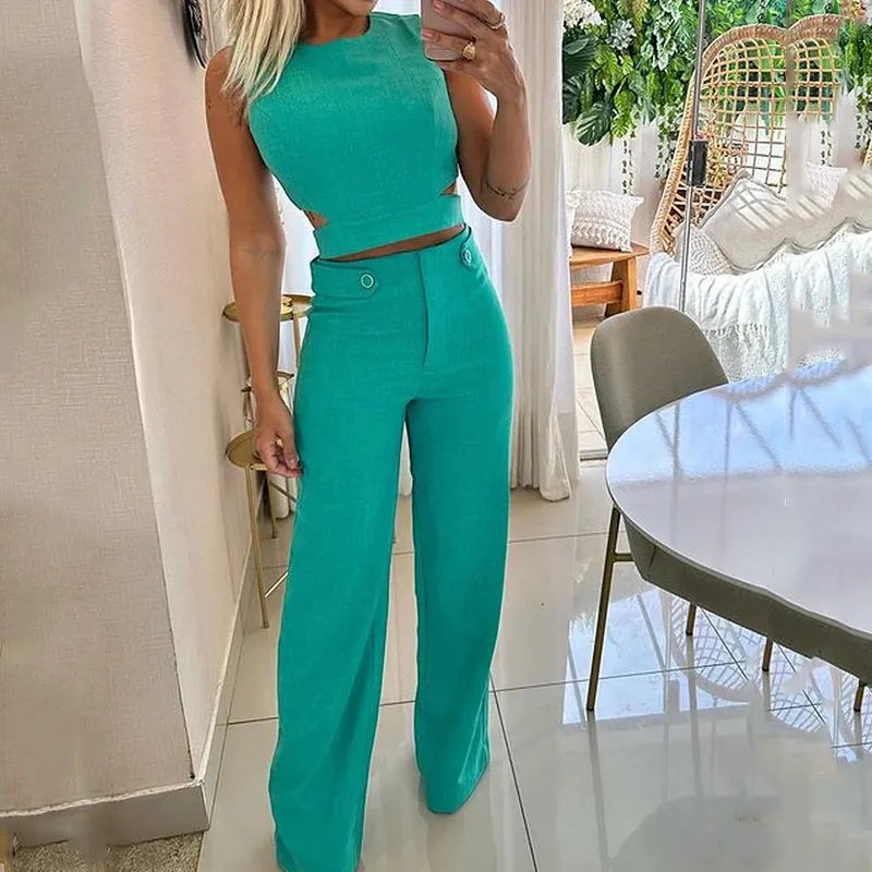 Cropped Top and Wide-Leg Trousers Co-ord Set with Round Neckline