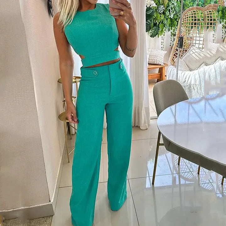 Cropped Top and Wide-Leg Trousers Co-ord Set with Round Neckline