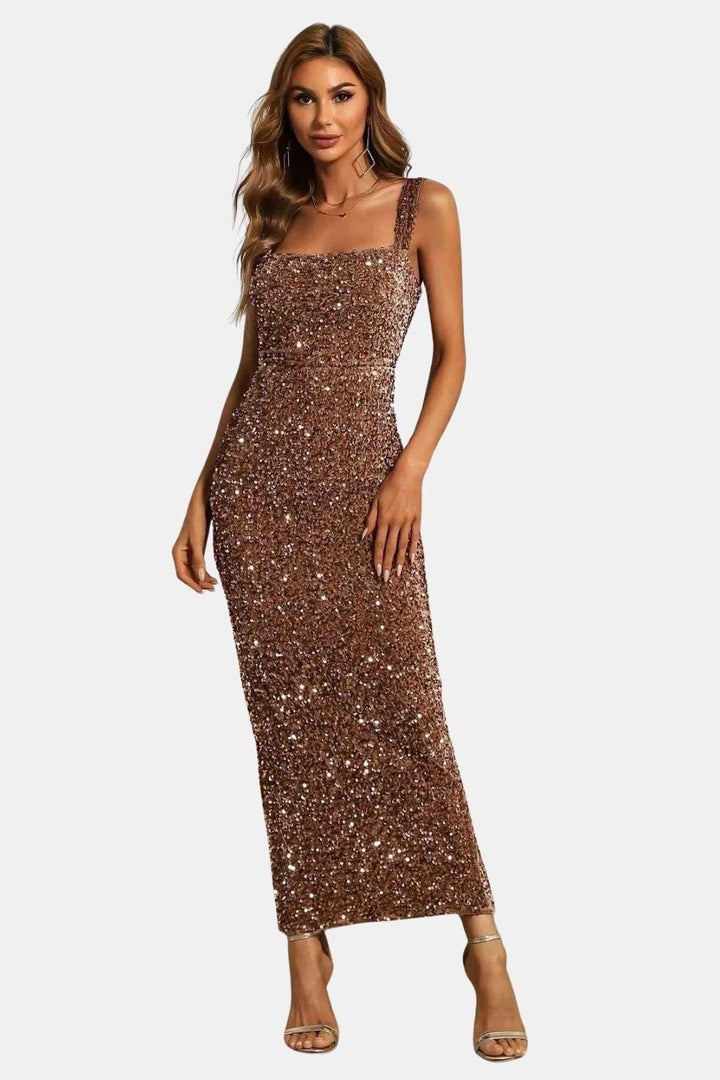 Square Neck Sheath Sequin Dress with Back Slit