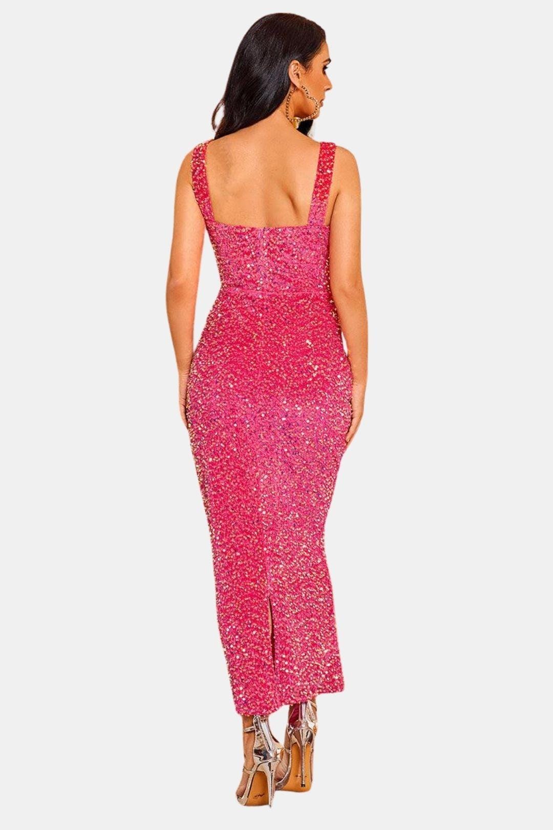 Square Neck Sheath Sequin Dress with Back Slit