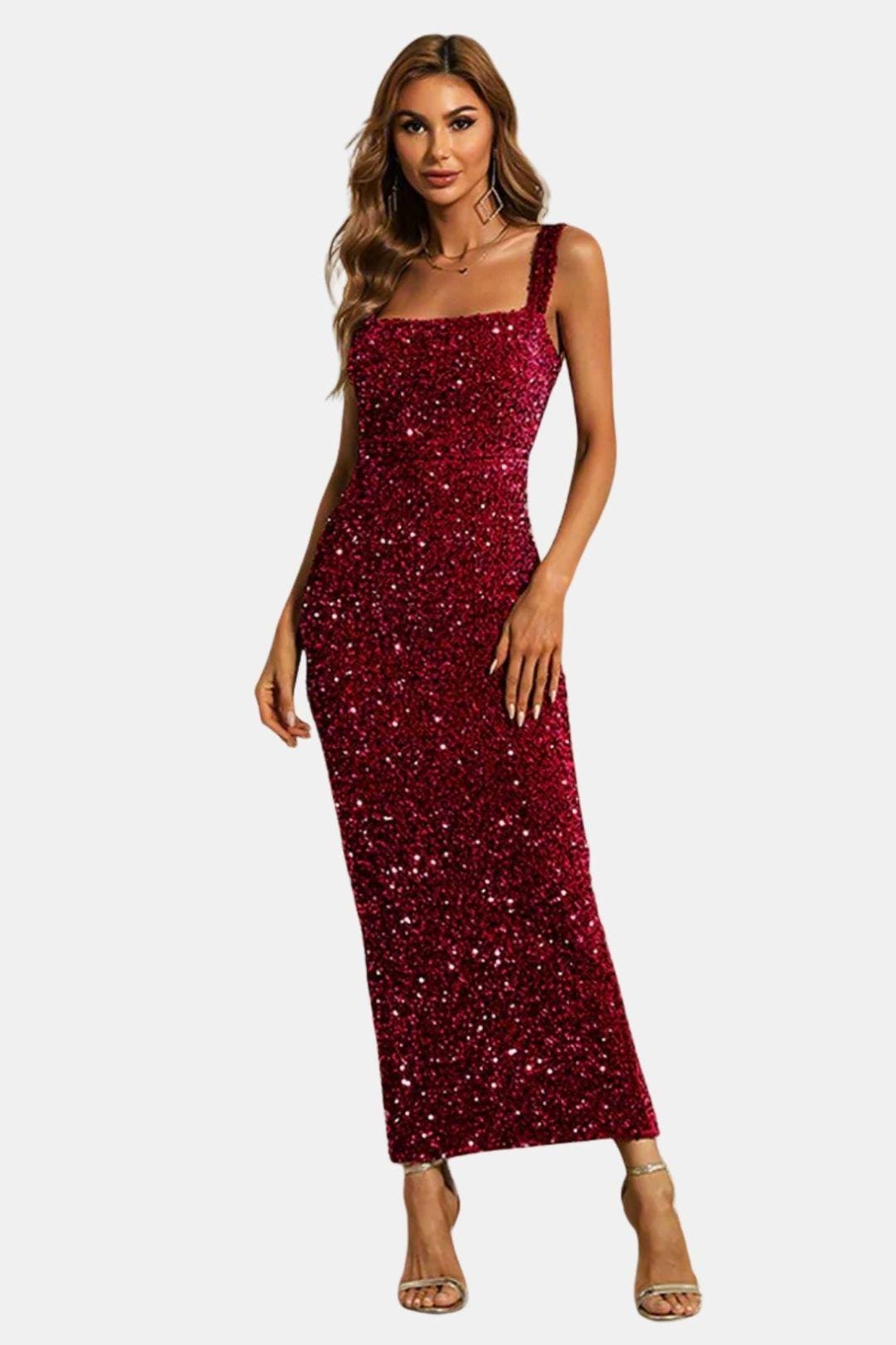 Square Neck Sheath Sequin Dress with Back Slit