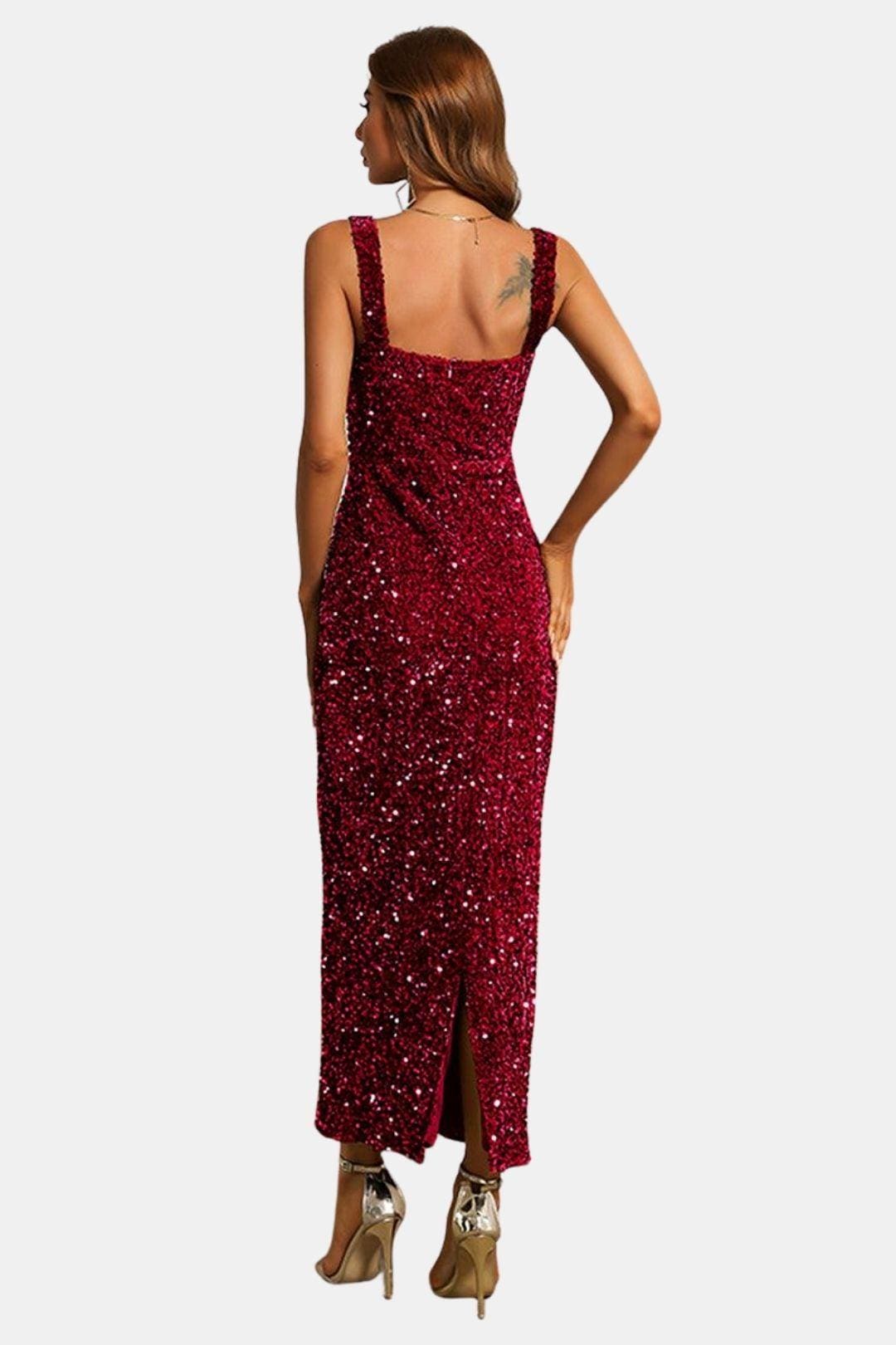 Square Neck Sheath Sequin Dress with Back Slit