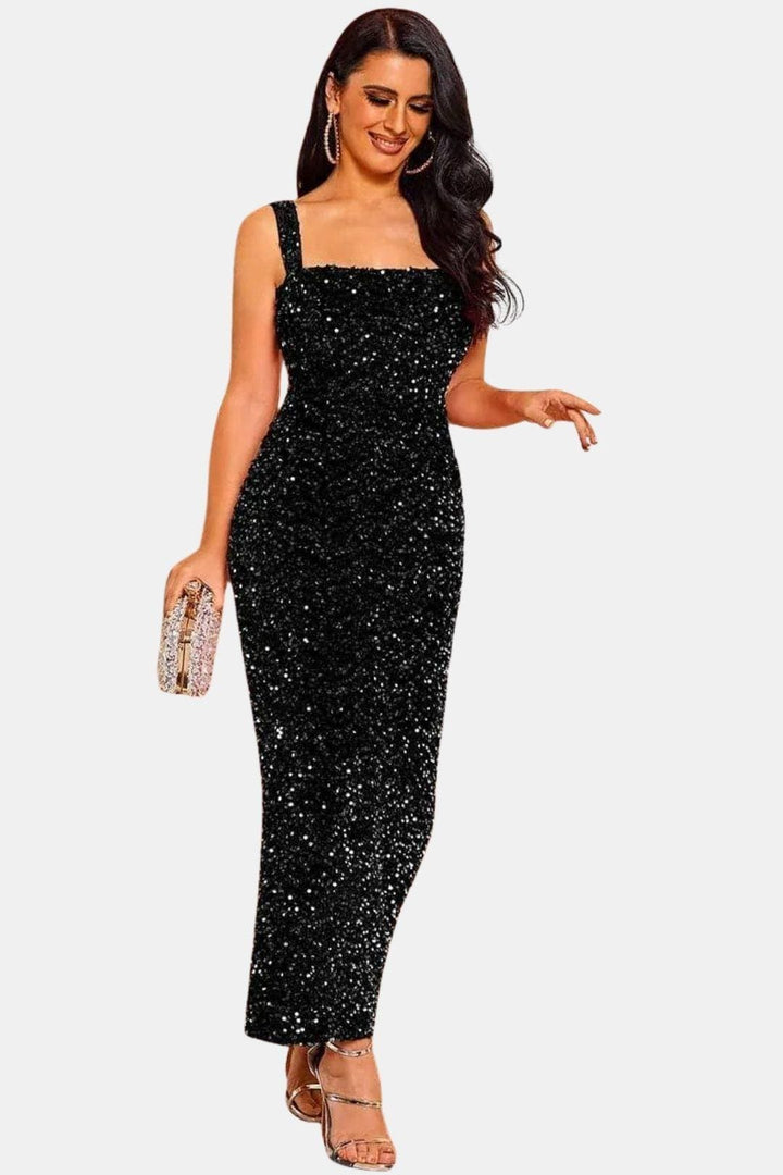 Square Neck Sheath Sequin Dress with Back Slit