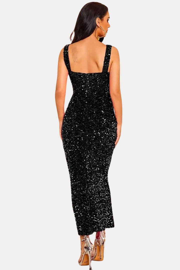 Square Neck Sheath Sequin Dress with Back Slit