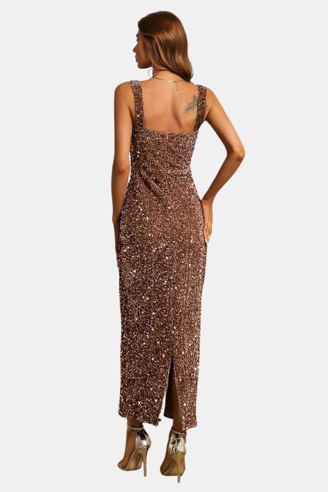 Square Neck Sheath Sequin Dress with Back Slit