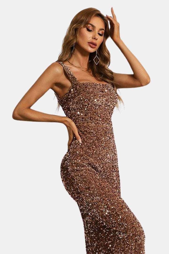 Square Neck Sheath Sequin Dress with Back Slit