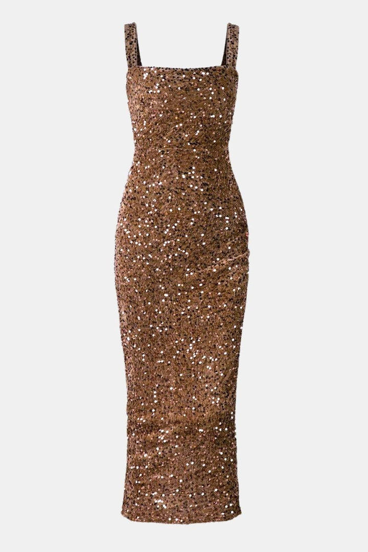 Square Neck Sheath Sequin Dress with Back Slit