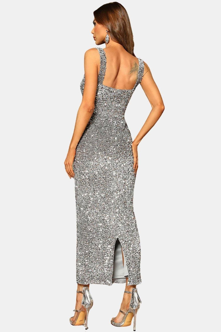 Square Neck Sheath Sequin Dress with Back Slit