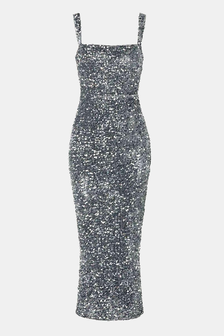 Square Neck Sheath Sequin Dress with Back Slit