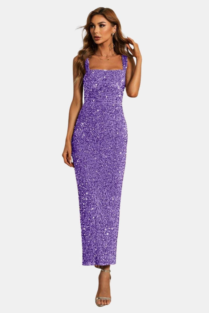 Square Neck Sheath Sequin Dress with Back Slit