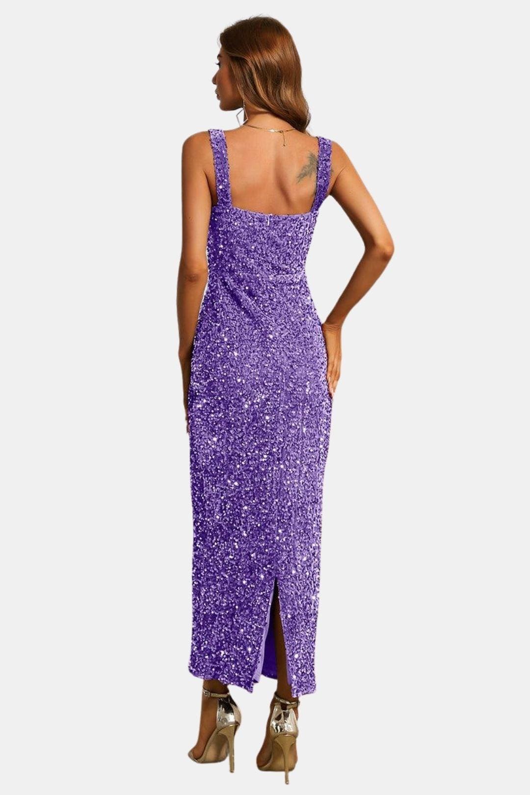 Square Neck Sheath Sequin Dress with Back Slit