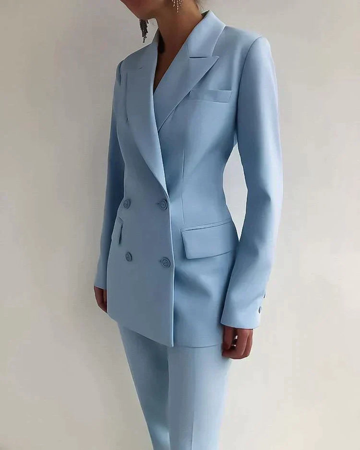 Double-Breasted Blazer with Notched Lapels and Long Sleeves and Tailored Trousers Set