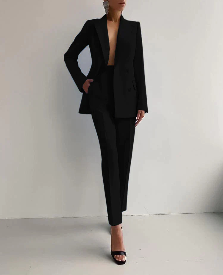 Double-Breasted Blazer with Notched Lapels and Long Sleeves and Tailored Trousers Set