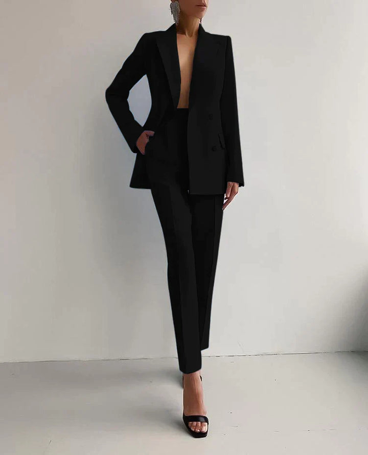 Double-Breasted Blazer with Notched Lapels and Long Sleeves and Tailored Trousers Set