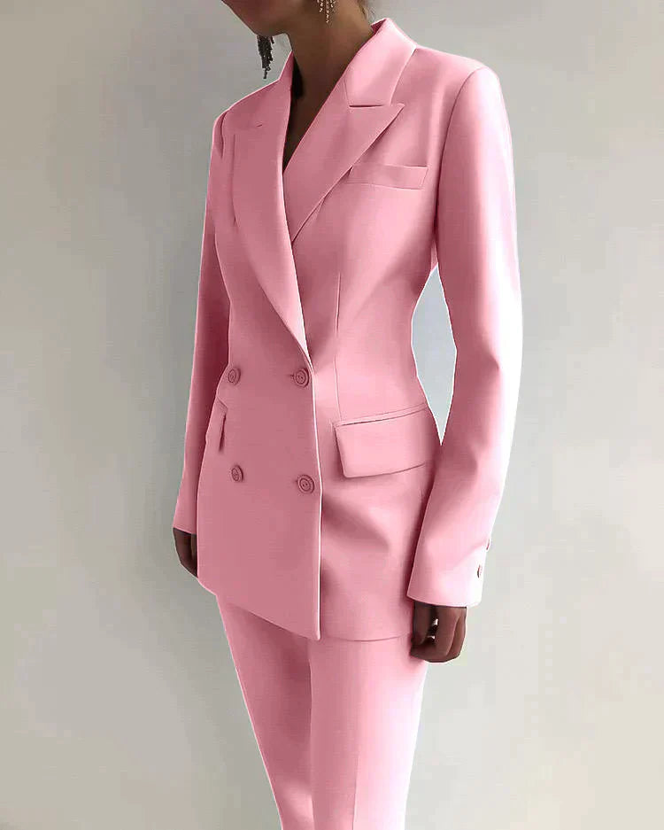 Double-Breasted Blazer with Notched Lapels and Long Sleeves and Tailored Trousers Set