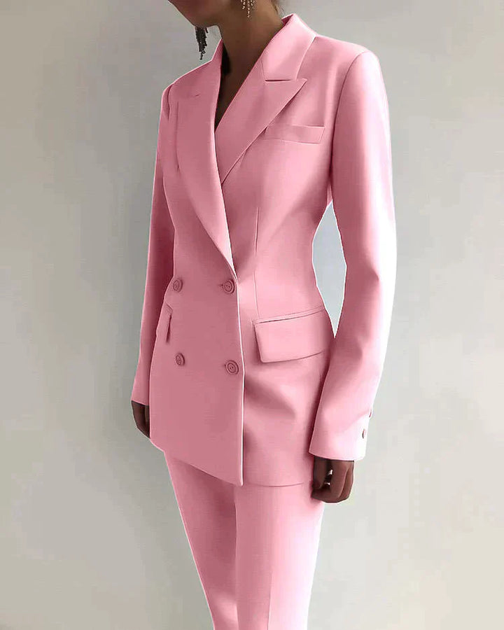 Double-Breasted Blazer with Notched Lapels and Long Sleeves and Tailored Trousers Set