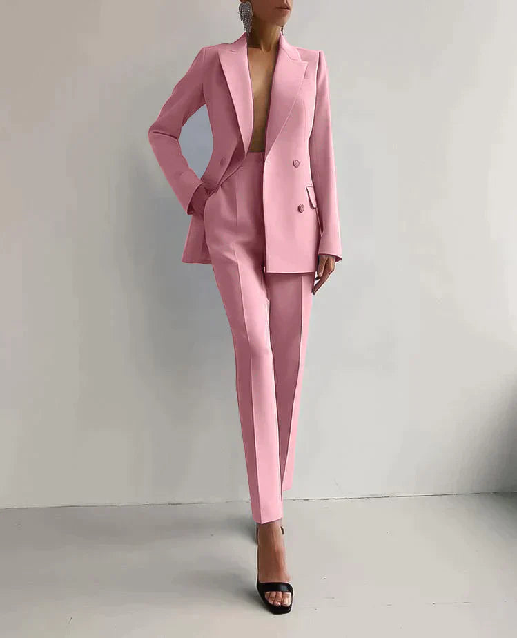 Double-Breasted Blazer with Notched Lapels and Long Sleeves and Tailored Trousers Set