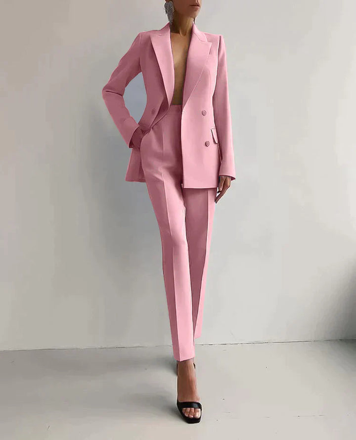 Double-Breasted Blazer with Notched Lapels and Long Sleeves and Tailored Trousers Set