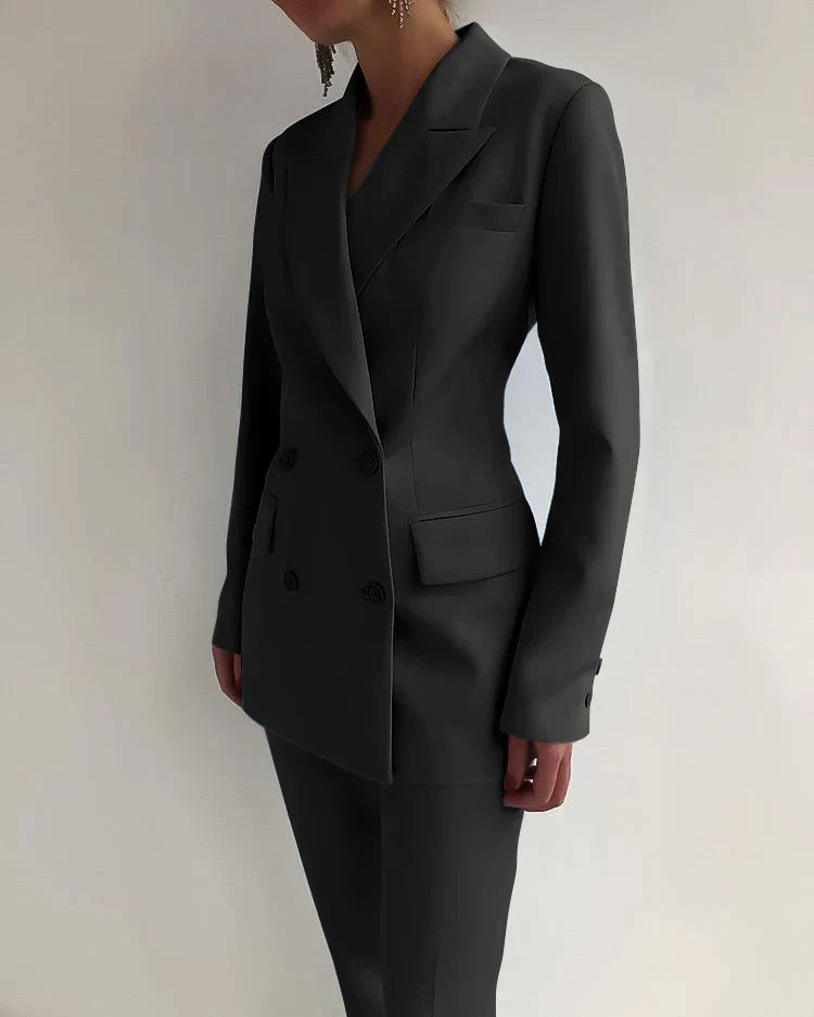 Double-Breasted Blazer with Notched Lapels and Long Sleeves and Tailored Trousers Set