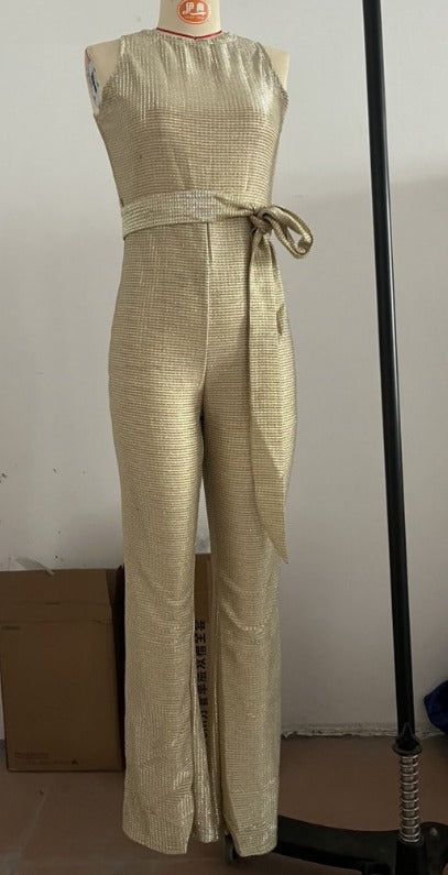 Sleeveless Round Neck Jumpsuit with Sequin Finish and Self-Tie Waist