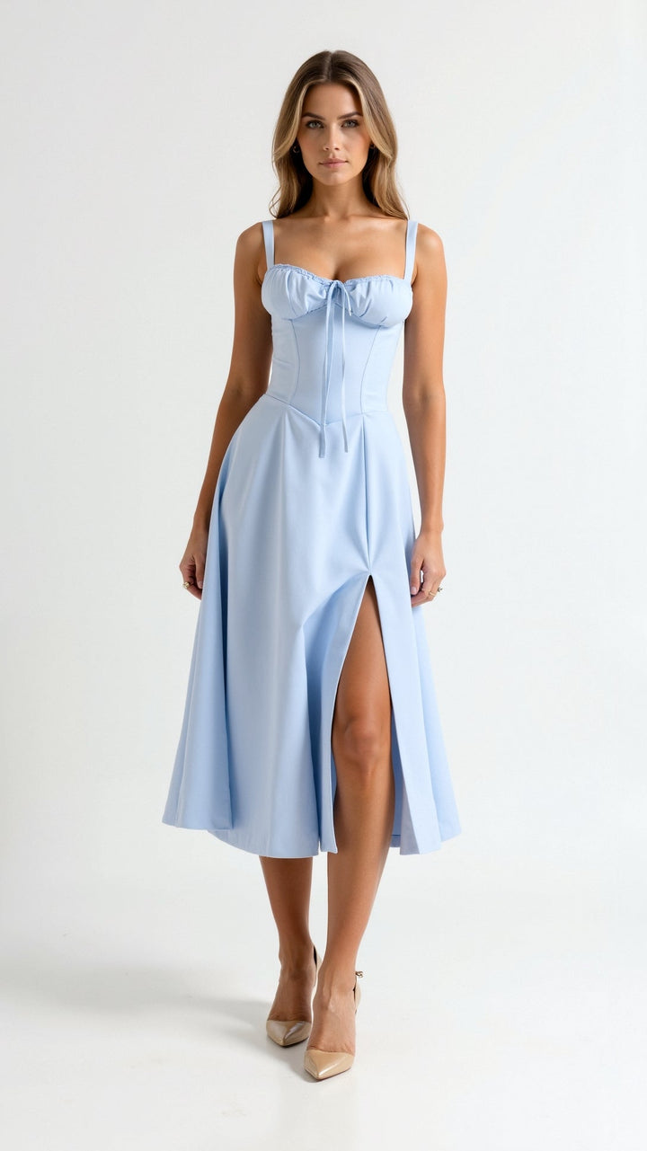 Corset Midi Dress with Square Neckline and Lace-Up Back Closure