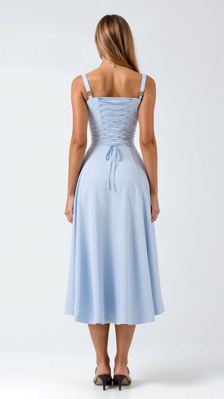 Corset Midi Dress with Square Neckline and Lace-Up Back Closure