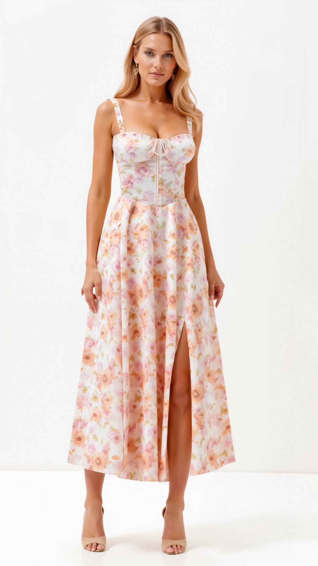 Corset Midi Dress with Square Neckline and Lace-Up Back Closure