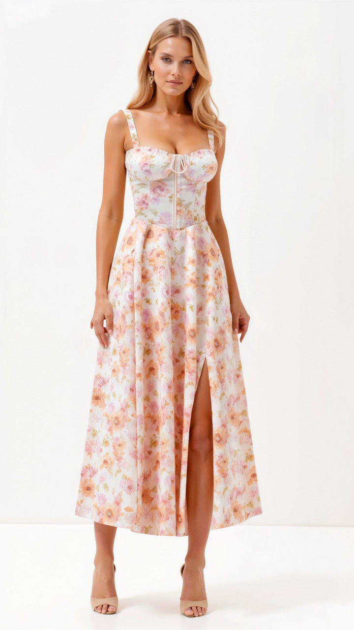 Corset Midi Dress with Square Neckline and Lace-Up Back Closure