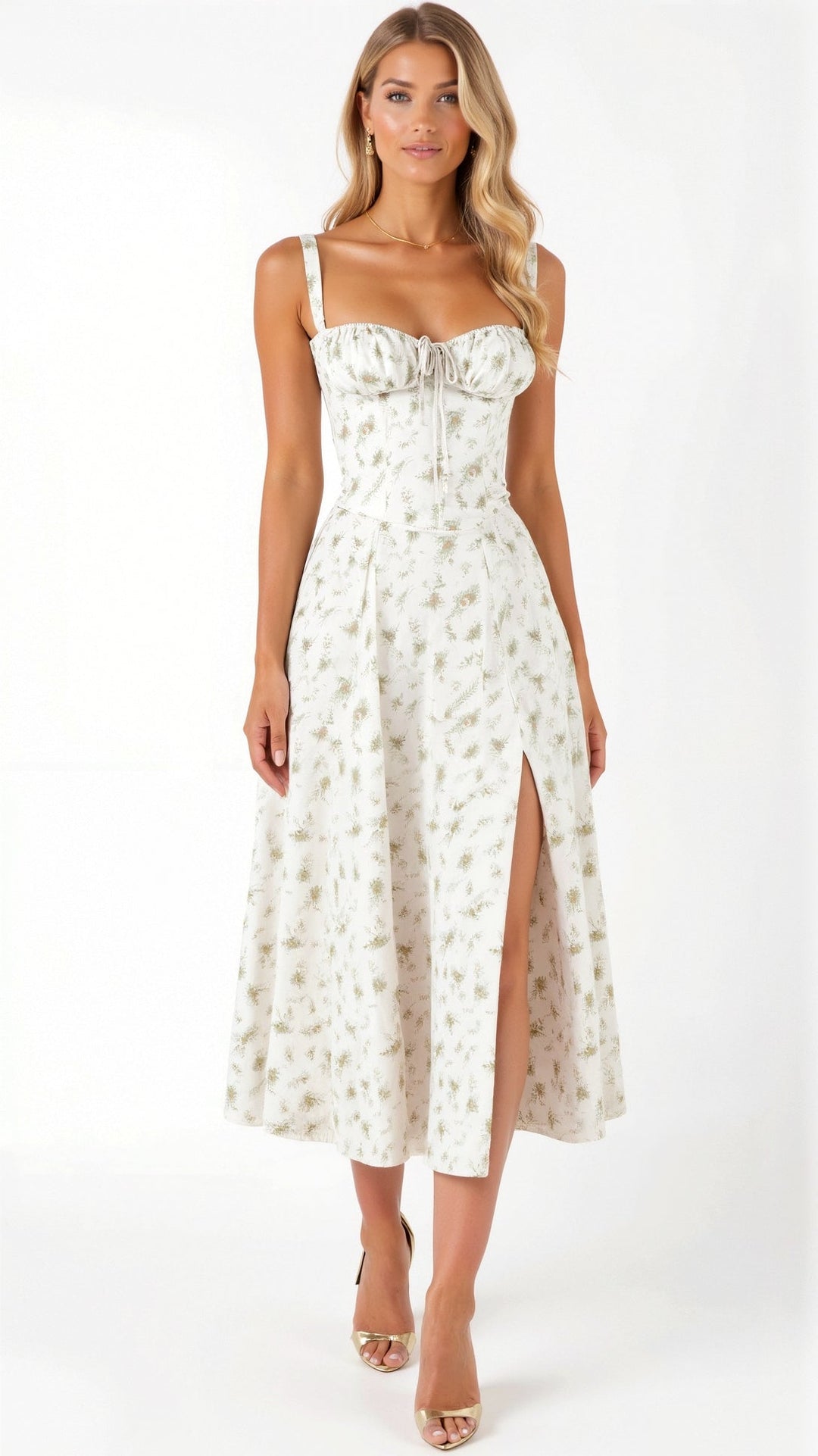 Corset Midi Dress with Square Neckline and Lace-Up Back Closure