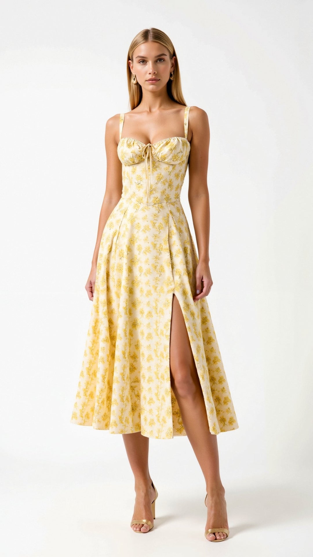 Corset Midi Dress with Square Neckline and Lace-Up Back Closure