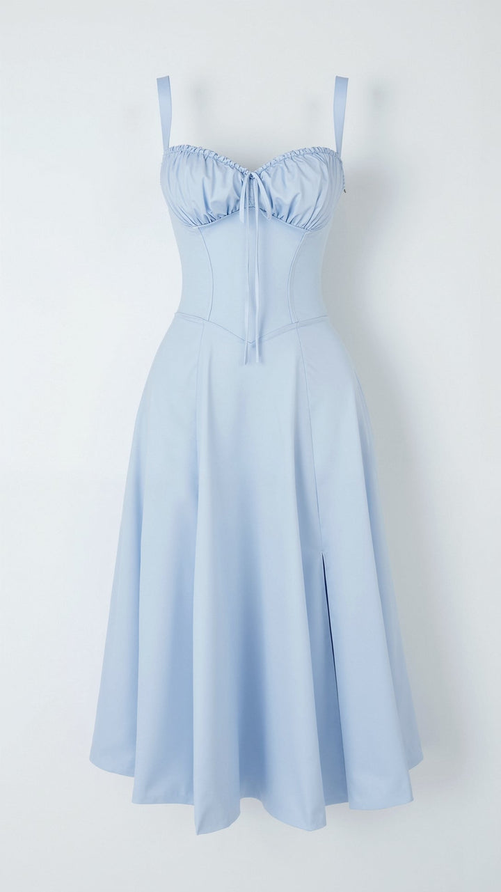 Corset Midi Dress with Square Neckline and Lace-Up Back Closure