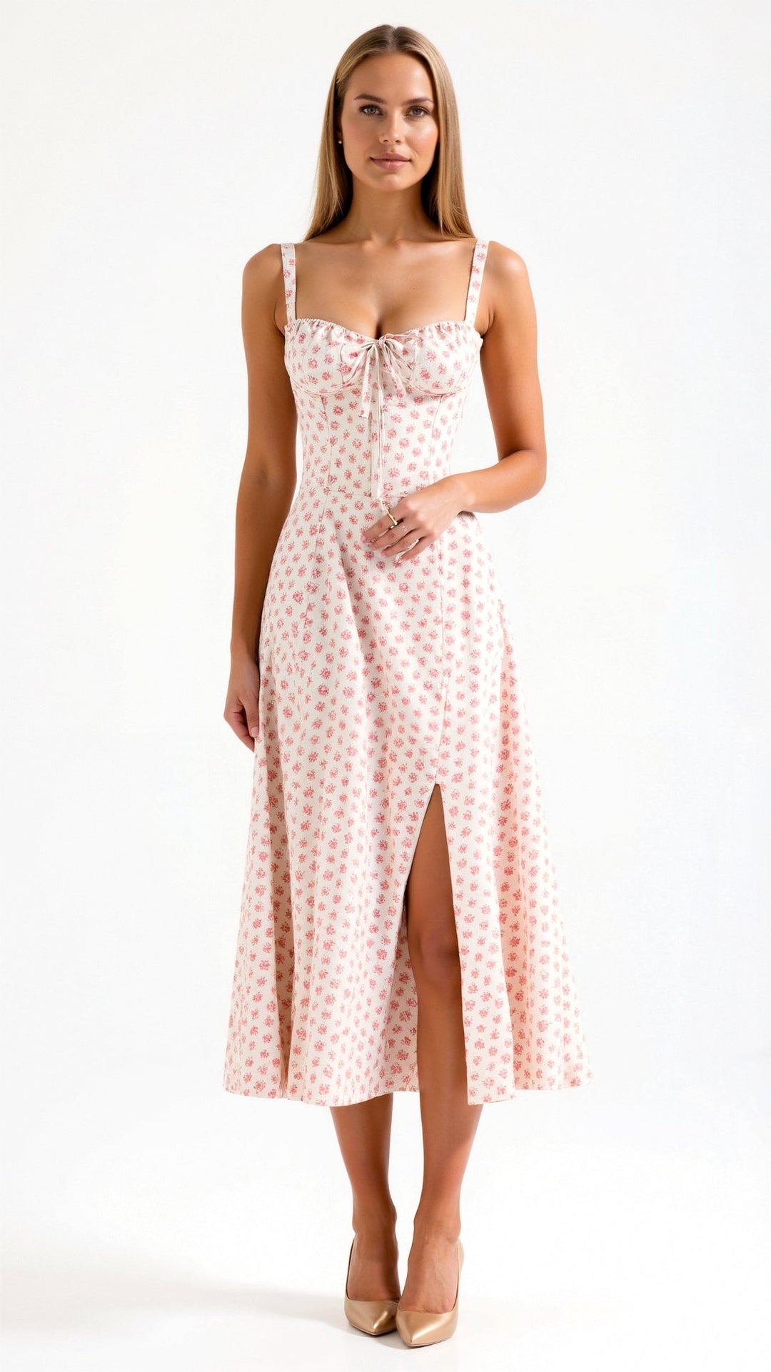 Corset Midi Dress with Square Neckline and Lace-Up Back Closure