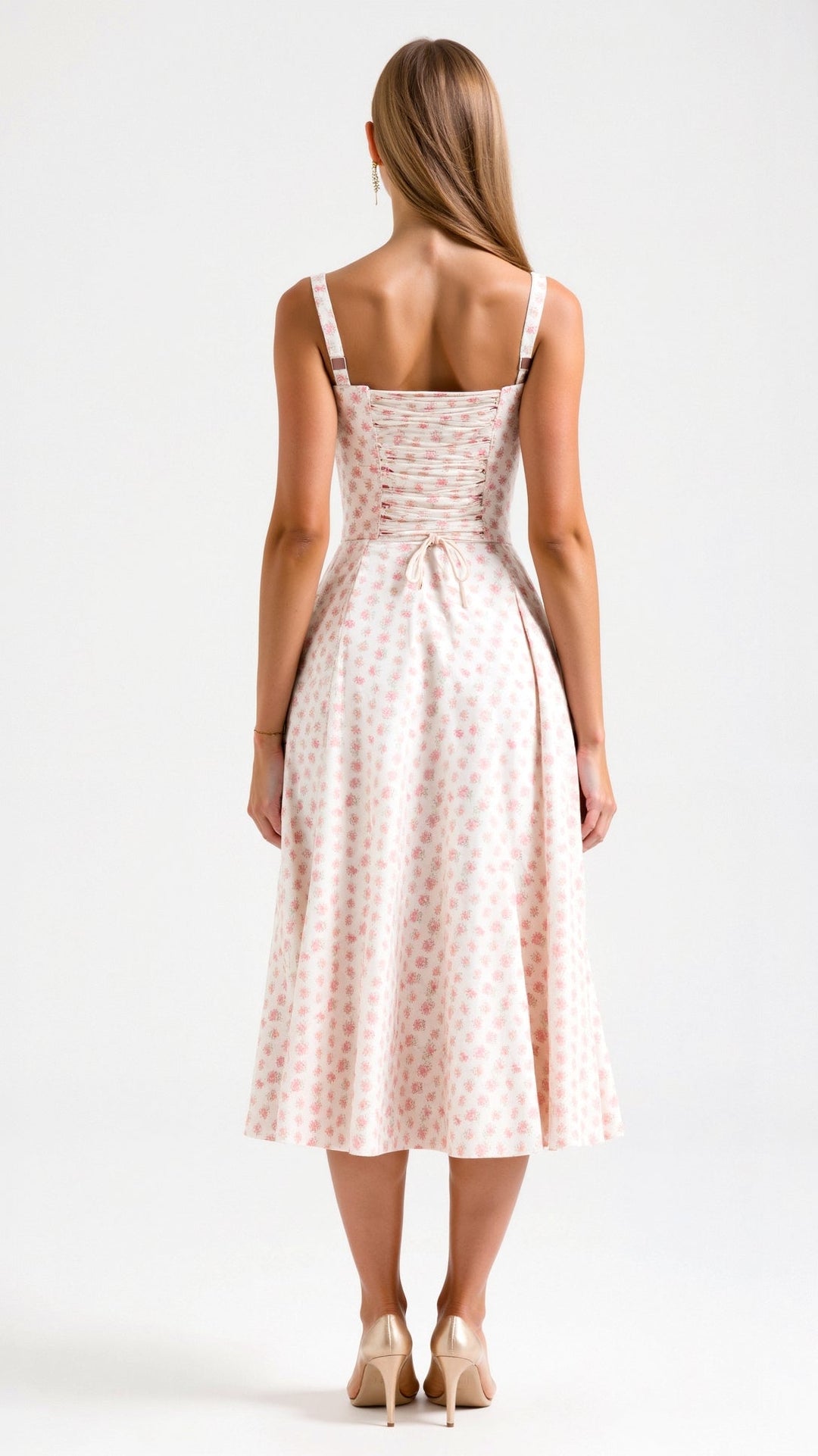 Corset Midi Dress with Square Neckline and Lace-Up Back Closure